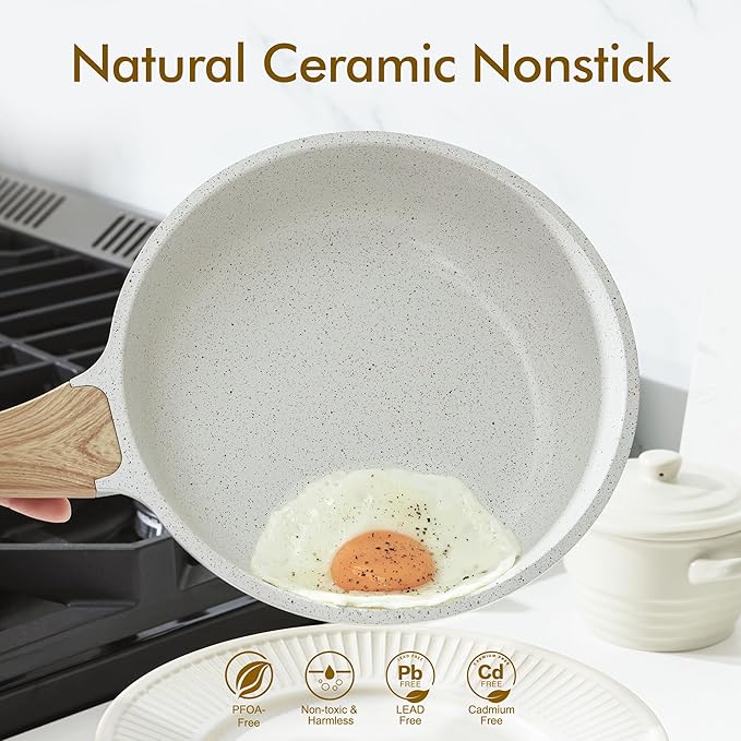 SENSARTE Nonstick Ceramic Frying Pan Skillet, 8-Inch Omelet Pan, Healthy Non Toxic Chef Pan, Induction Compatible Egg Pan with Heat Resistant Handle, PFAS-Free, White (Pack of 2)