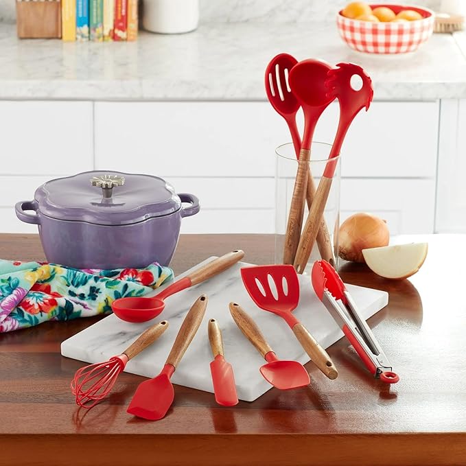 10-Piece Silicone Kitchen Utensils Set with Acacia Wood Handles, Nonstick Safe, Heat Resistant Cooking Tools for Everyday Use (RED)