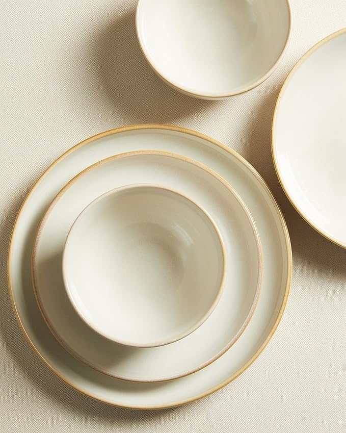 Pokini Stoneware Dinnerware Sets for 6, 18 Piece Microwave Safe Plate and Bowl Set, Easy to Clean & Durable Dishes Sets for Small to Medium Families, Yellow White