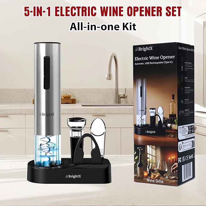 BRIGHTX Modern Rechargeable Electric Wine Bottle Opener Gift Set – Cordless Automatic Cork Remover with Foil Cutter & Charging Base – Wine Accessories Kit | Best Wine Gifts for Women & Wine Lovers
