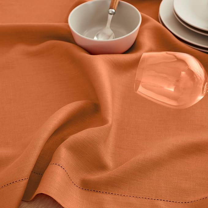 Solino Home Linen Placemats Set of 4 - Classic Hemstitch Pumpkin Placemats 14 x 19 Inch - 100% Pure Linen Table Mats for Holiday