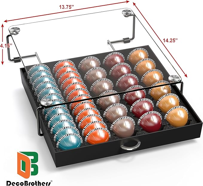 Deco Brothers Crystal Tempered Glass Vertuo Pod Holder Drawer, 30 Large or 60 Small Nespresso Capsule Organizer, Black