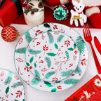 NOCCUR 60PCS Christmas Disposable Plates - Green & Red Plastic Dinner Plates, 30 Dinner & 30 Salad Plates - Pine Needle & Berry Design, Heavy Duty for Christmas Parties