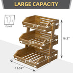 3 Tier Fruit Basket For Counter, Large Capacity Fruit Storage Countertop, Fruit Holder, Wooden Pantry Organizers and Storage, Kitchen Countertop Organizer With Two Banana Hangers (Walnut)