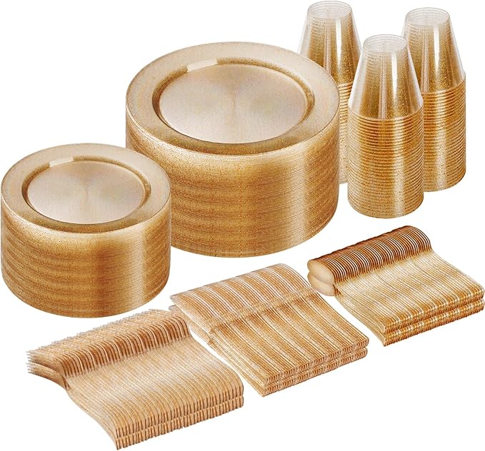 Goodluck 300 Piece Gold Glitter Disposable Plates for 50 Guests, Plastic Plates for Party, Wedding, Dinnerware Set of 50 Dinner Plates, 50 Salad Plates, 50 Spoons, 50 Forks, 50 Knives, 50 Cups