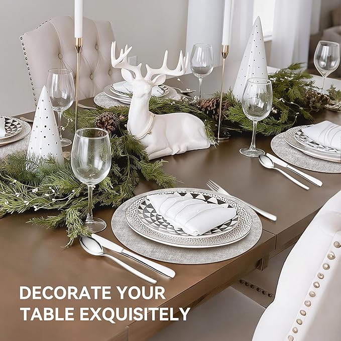 13" Round Placemats Set of 12, Reversible Faux Leather Heat Resistant Table Mats, 100% Waterproof Oilproof Wipeable Table Protective Placemats for Vinyl, Washable for Indoor (12, Light Grey)