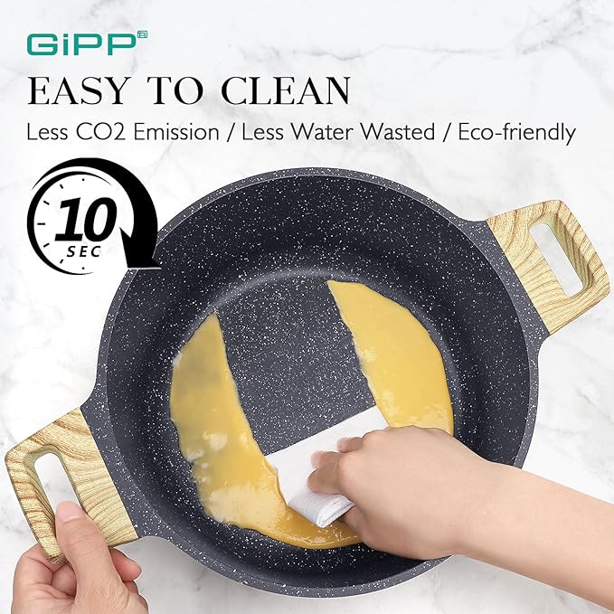 GiPP Pots and Pans Set Non Stick - 14Pcs Granite Kitchen Cookware Sets Nonstick Induction Cookware Non-Toxic Cooking Pan Set with Silicone Utensils, PFOS and PFOA Free, Dark Gray