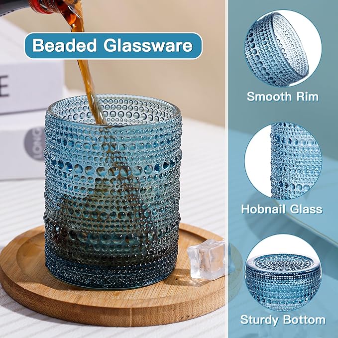 JOVGANK Blue Vintage Hobnail Drinking Glasses Set of 6, Embossed Water Tumbler 12oz, Kitchen & Bar Beaded Glass Cups, Beverage Glass Cups for Water, Beer, Juice, Housewarming and Mother's Day Gift