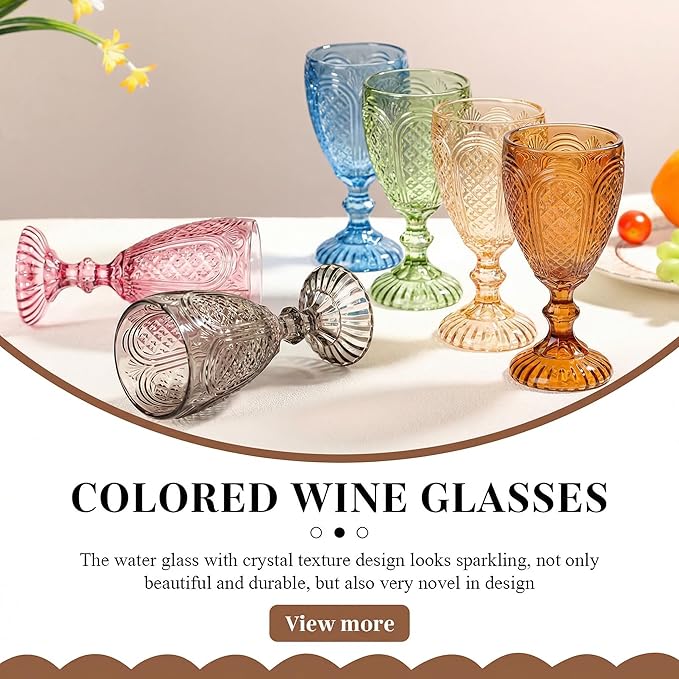 Colored Vintage Wine Glasses Set of 6 – colorful Glass Water Goblets, drinking glasses for Wedding, Holiday, or Fancy Glassware for everyday