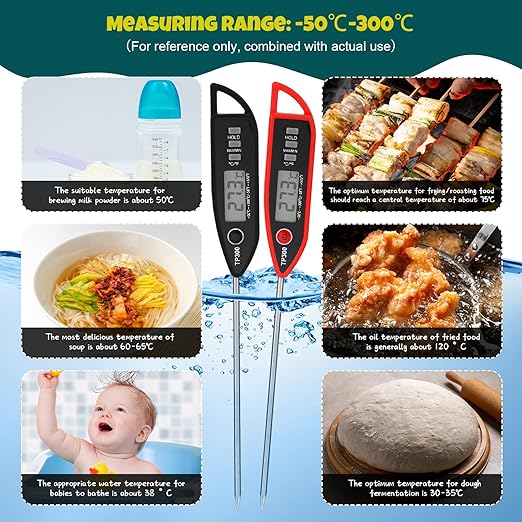 Copkim 6 Set Waterproof Food Thermometer for Water, Liquid, Candle and Cooking Digital Meat Thermometer with Long Probe Instant Read for Kitchen BBQ Grill Candy (Black,Red)