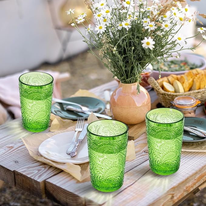 Reallnaive Green Drinking Glasses Set of 8, Boho Aesthetic Vintage Glassware Fern Paisley Carving Textured Tumbler Water Cups Embossed Pattern Drinkware Cocktail Set for Xmas Gifts(13 oz,Highball)