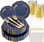 KIRE 210Pcs Navy Blue Plastic Plates - Blue Plates Disposable - 30guest Baroque Plastic Dinnerware for Hanukkah/Upscale Wedding/Parties