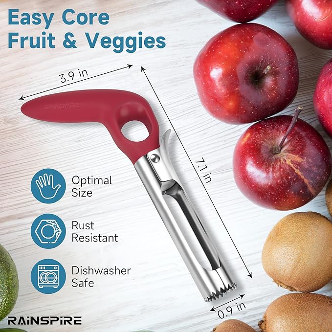 Rainspire Apple Corer Tool Kitchen Apple Core Remover Stainless Steel Comfortable Nonslip Handle, Dishwasher Safe, Red