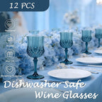 Plastic Wine Glasses, Plastic Goblets Vintage Style Cordial Unbreakable Drinking Glasses, Reusable Drinkware for Wedding Reception, Grand Event Party Supplies (12, Navy Blue)
