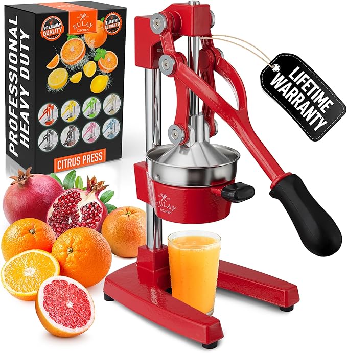 Zulay Kitchen Cast Iron Juicer - Easy-to-Clean Heavy-Duty Manual Juicer, Professional Citrus Juicer - Stainless Steel Lemon Squeezer - Manual Citrus Press & Orange Squeezer - Orange Juicer - Deep Red
