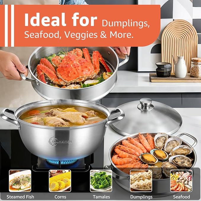 LOLYKITCH 8-Quart/ 30CM Stainless Steel Steamer Pot - 3 Tier Steamer for Cooking Dumplings & Veggies, 12 Inch Large Induction Stock Pot for All Stovetops, Heavy Duty