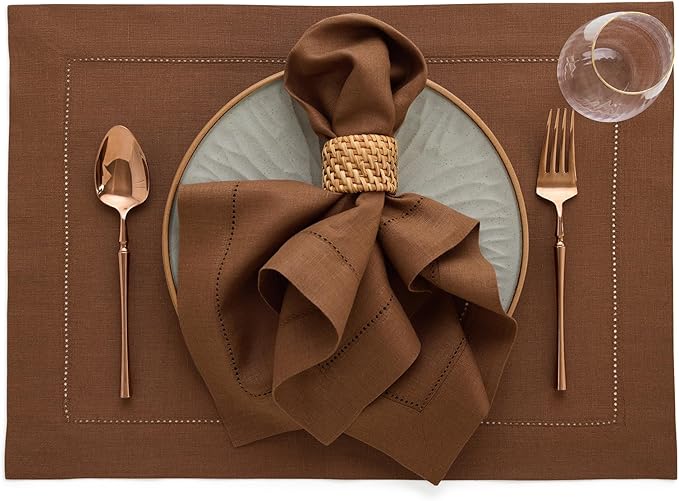 Solino Home Brown Linen Napkins Set of 4-100% Pure Linen Hemstitch Dinner Napkins 20 x 20 Inch - Classic Hemstitch
