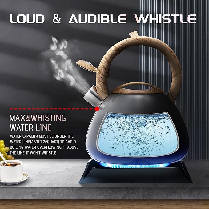 MARSKITOP Tea Kettle Stovetop Whistling Tea Pot for Stove, Food Grade Stainless Steel Teapot for Stovetop with Anti-Hot Handle, Suitable for All Heat Sources, 2.6 Quart, Gray