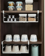 2Pack Under Shelf Storage Basket Organizer Expandable Width Add-On Space Saver Hanging Under Cabinet Pantry Kitchen Countertop Desktop Board Slide-in White Heavy-Duty Metal Higher Size