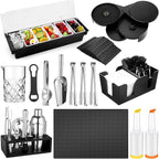 Mifoci 28 Pcs Bartender Kit, Mixologist Bartender Kit Garnish Tray with Lid Bar Caddy and 3 Tier Glass Rimmer, 17 Pcs Margarita Cocktail Shaker Set with Wooden Base for Home Bar Gift Set(PVA Plastic)