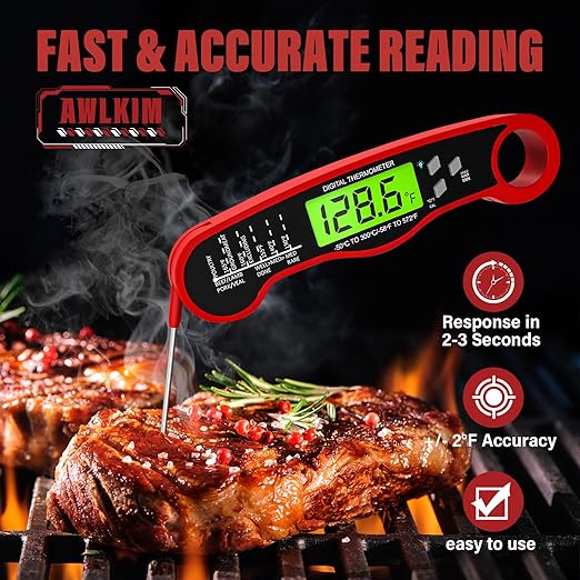 AWLKIM Digital Meat Thermometer for Cooking - IP67 Waterproof Kitchen Thermometer with Backlight and Hold, Fast Instant Read Thermometer, Candy Making, Outside Grill, Stocking Stuffers for Men-2 Pack