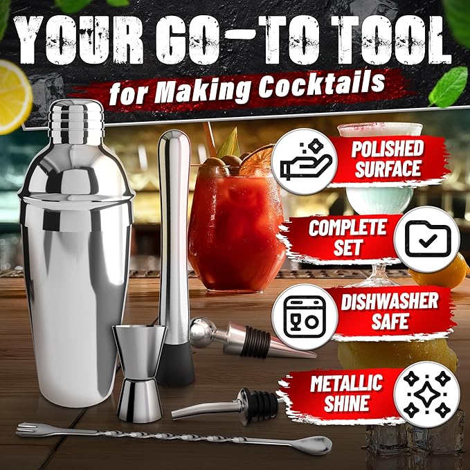 Cocktail Shaker Set of 10 – Stainless Steel Mixology Bartender Kit with 10 Accessories, Easy to Clean Bar Tool Set | Wooden Organizer for Home Bar Setup, Great Gift for Cocktail & Drink Enthusiasts