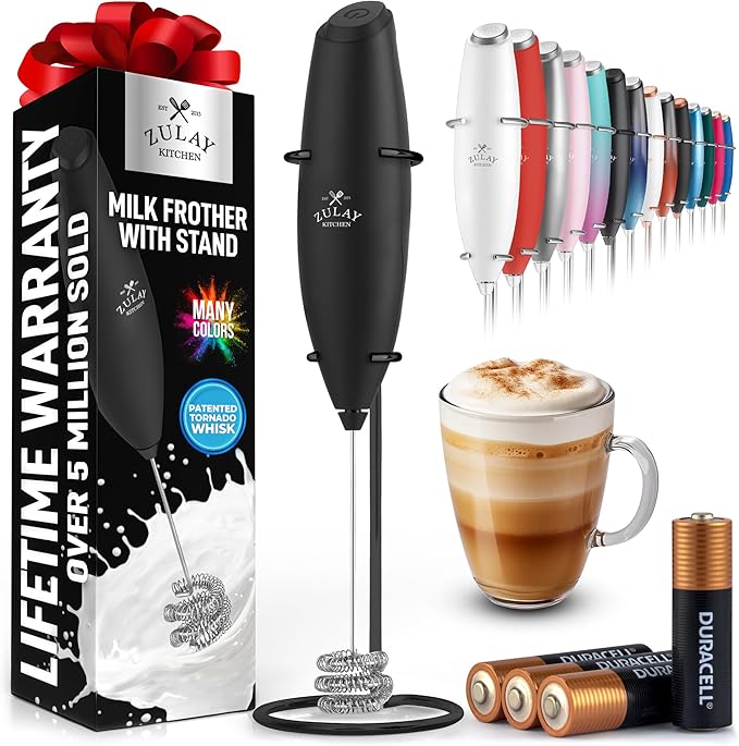Zulay Kitchen Patented Tornado Triple Whisk Milk Frother with 4 Duracell Batteries – Handheld Foam Maker for Coffee, Lattes, Matcha & Hot Chocolate – Rich, Creamy Froth in Seconds - Executive Black