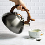 Primula Avalon Whistling Stovetop Tea Kettle, Food Grade Stainless Steel Wide Mouth, Fast to Boil, Cool Touch Handle, 2.5-Quart, Gunmetal Grey and Wood-Look