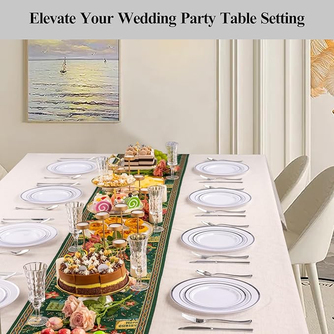 Goodluck 100PCS Silver Plastic Plates, 10.25 Inch Dinner Plate with Silver Rim, Heavy Duty Disposable Plastic Plates for Party, Wedding, Birthday & Daily Use