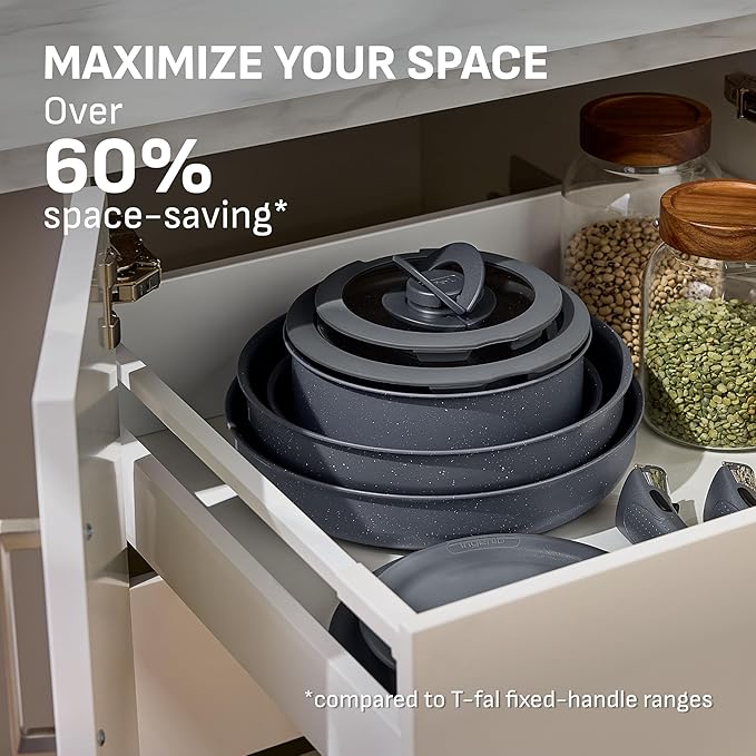 T-fal Ingenio Essentials Cookware Set with Detachable/Removable Handle 11 Piece, Granite Titanium Non Stick, Induction, Oven Broiler Safe 500F, Stackable, Pots and Pans Set, RV Camping, Fry Pans Gray