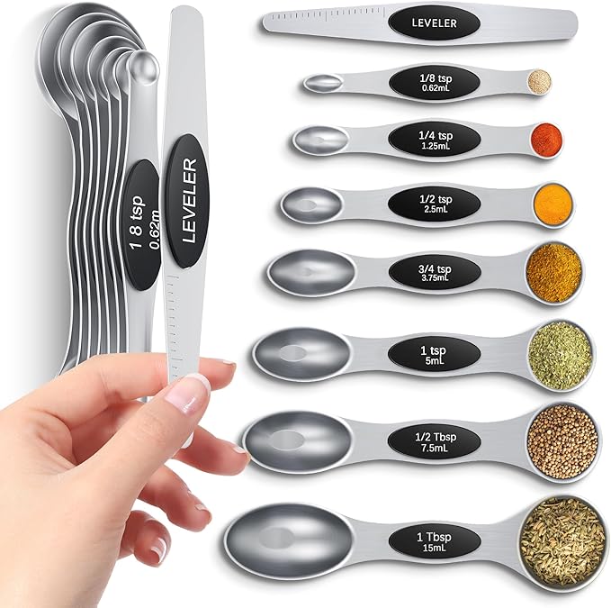 Magnetic Measuring Spoons Set with Strong N45 Magnets, Heavy Duty Stainless Steel Metal, Fits in Most Kitchen Spice Jars for Baking & Cooking, BPA Free, Multicolor, Set of 8 with Leveler（Black)