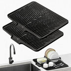 TIKNIK Silicone Dish Drying Mat, Stone Drying Mat for Kitchen Counter with Built-In Drain, Non-Slip Drain Pad with Built-in Drain, Heat Resistant Stone Drying Mat, Hangable, Black-2pcs, 20" x 15"