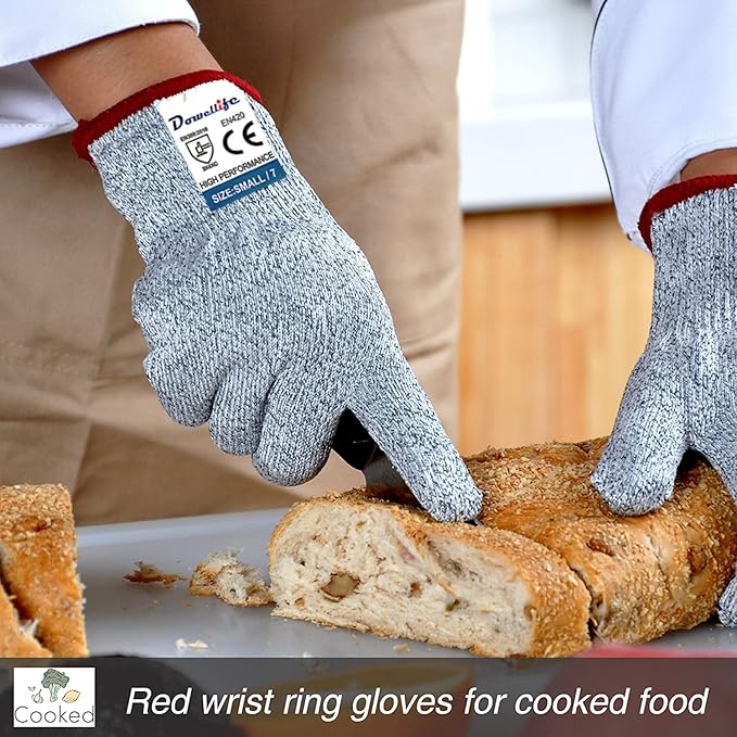 Dowellife Cut Resistant Gloves Food Grade Level 5 Protection, Safety Kitchen Cuts Gloves for Oyster Shucking, Fish Fillet Processing, Mandolin Slicing, Meat Cutting and Wood Carving. (Medium-2 Pairs)