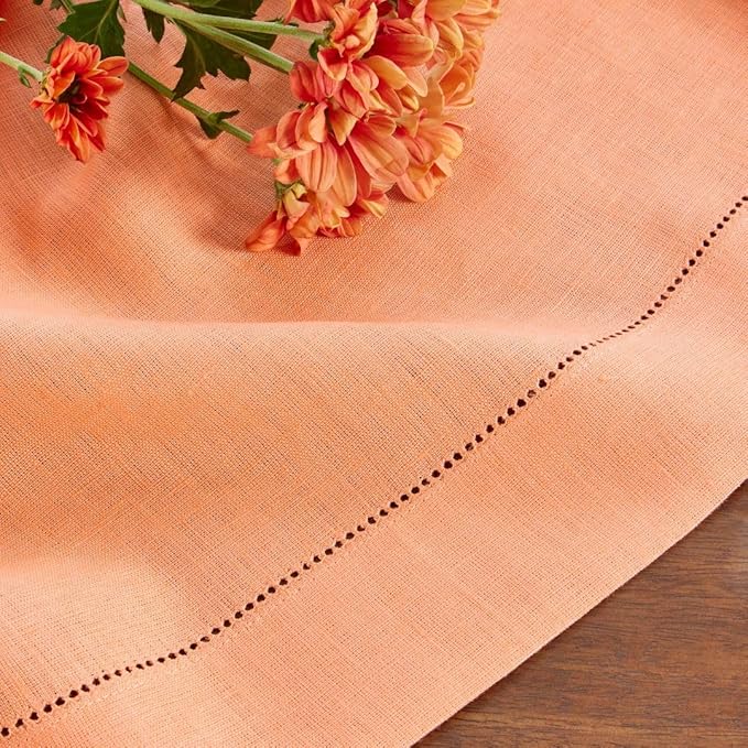 Solino Home Linen Cloth Placemats Set of 4-100% Pure Linen Hemstitch Coral Placemats 14 x 19 Inch - Classic Hemstitch Table Place Mats for Valentines