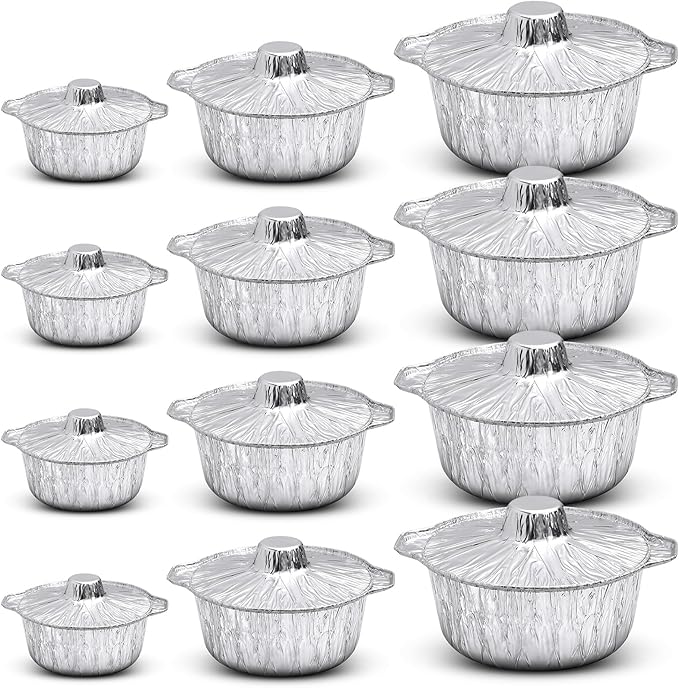 Ziliny Disposable Aluminum Pot with Lid Round Foil Pans Disposable Cookware Food Container for Vacation Trips Camping Baking Heating Cooking(12 Pcs,33.8, 67.6, 121.7 oz)