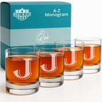 On The Rox (J-Monogram)- 4 Piece Set of 11 Ounce Engraved Heavy Base Rocks Glasses- Quality Elegant Glass-Multi-Purpose Beverage-Rocks Glass- Gift for any Occasion Drinks