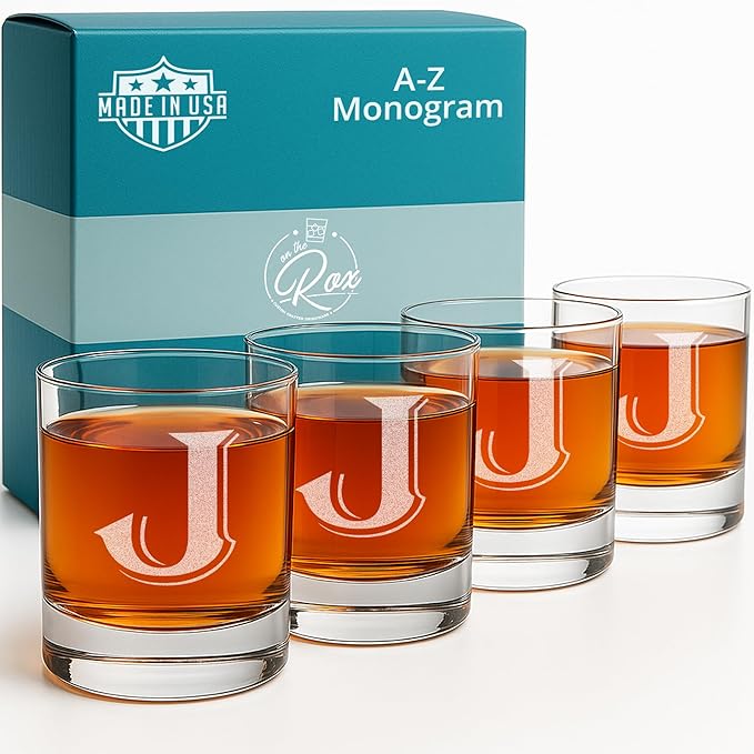 On The Rox (J-Monogram)- 4 Piece Set of 11 Ounce Engraved Heavy Base Rocks Glasses- Quality Elegant Glass-Multi-Purpose Beverage-Rocks Glass- Gift for any Occasion Drinks