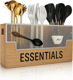 Extra Large Kitchen Utensil Organizer with 4 Compartments, Wooden Utensil Holder for Countertop, Rustic Kitchen Utensil Holder for Silverware & Cooking
