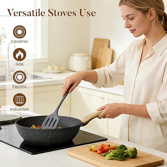 Kitchen Academy Induction Cookware Sets - 12 Piece Gray Cooking Pan Set, Granite Nonstick Pots and Pans Set