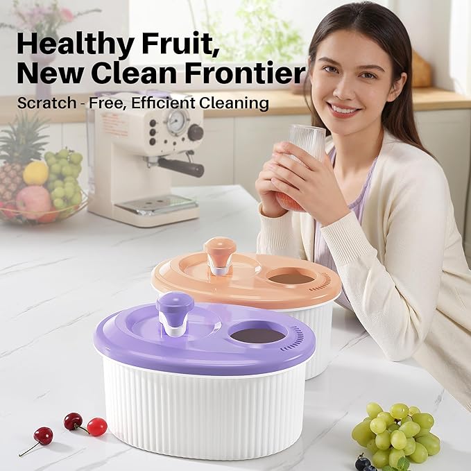 JOYMOOP Fruit Washer Spinner, Fruit Cleaner Spinner with Crank Handle, Hands-Free Fruit & Vegetable Washing Bowl, Manual Fruit Scrubber, No Electricity, Light Lavender