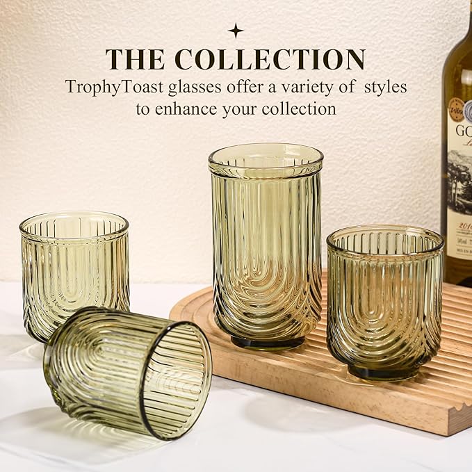 Green Vintage Drinking Glasses Set of 6-15oz Hand-Blown Highball Ribbed Glassware, Arch Design Cocktail Glasses for Whiskey Water Beverages Ice Coffee Juice Milk