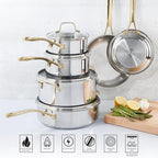 Martha Stewart Castelle 10 Piece 18/8 Durable Stainless Steel Induction Safe Pots and Pans Non-Toxic Kitchen Cookware Set - Gold Handles - Dishwasher Safe