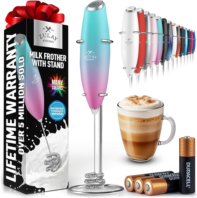 Zulay Kitchen Patented Tornado Triple Whisk Milk Frother with 4 Duracell Batteries – Handheld Foam Maker for Coffee, Lattes, Matcha & Hot Chocolate – Rich, Creamy Froth in Seconds - Rose Pink