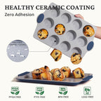 BRONYPRO 2-Pack 12 Cup and Mini 24 Cup Non Toxic Nonstick Ceramic Muffin Pan & Cupcake Tin, PFOA & PTFE Free, Heavy Duty Rust-Resistant Aluminized Steel, Oven Safe, Blue