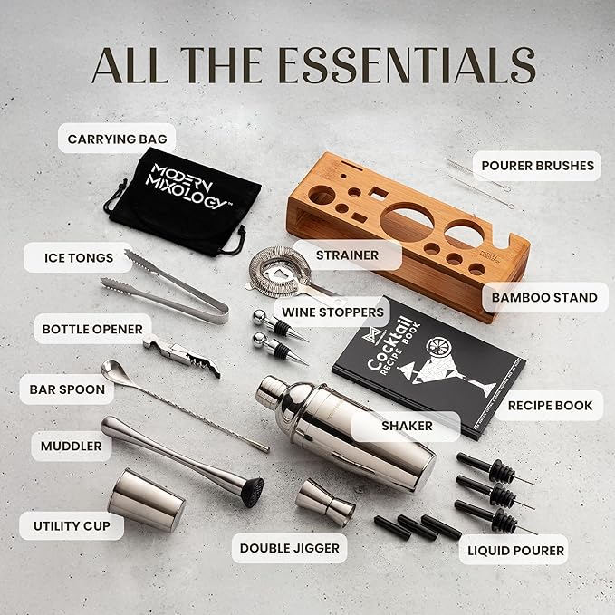 Modern Mixology 21-Piece Cocktail Shaker Set with Stand | Complete Cocktail Kit Gift Set | Top Bartender Gifts for Men & Women | Portable Bar Tools (Silver, Brown Stand)