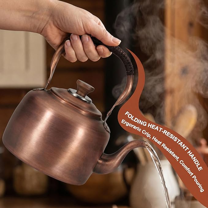 Tea Kettle Stovetop Whistling Copper Tea Pot for Stove 3.2QT Teapot Kettle Stovetop with Loud Whistle Lid, Vintage Kettles for Stove Top, Fast Boiling Water, Teapot for Induction, Electric, Gas Stoves