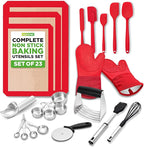 NutriChef 23-Piece Essential Baking Utensils Set – Measuring Cups and Spoons, Scraper, Oven Mitts, Whisk, Silicone Baking Mats and More - Dishwasher Safe, Perfect for Baking and Cooking (Black)