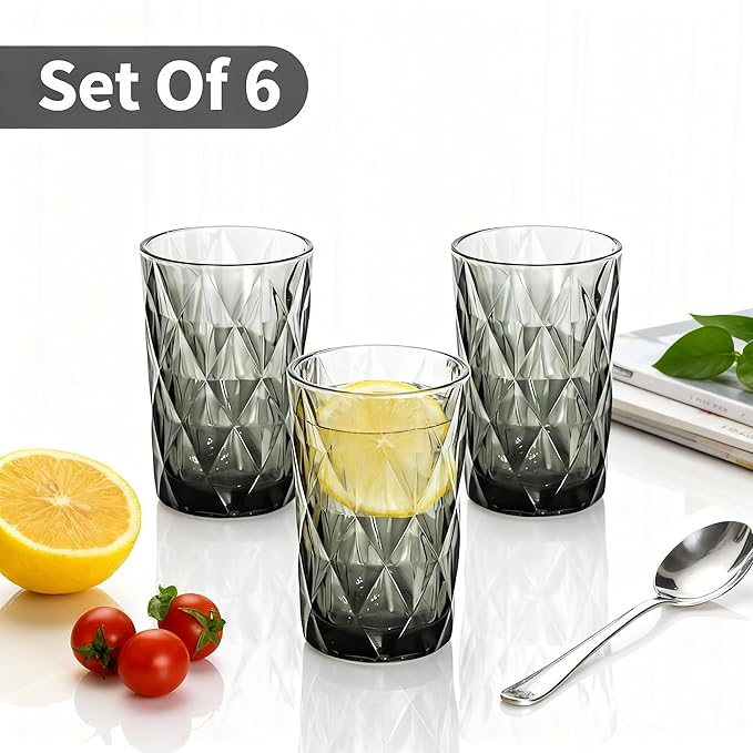 Bandesun Drinking Glass set of 6 Diamond Pattern Kitchen Glassware Tumbler（12 OZ Gray），for Water，Cocktail，Milk，Juice and Beverage.