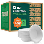100% Compostable Paper Bowls 12 oz. [1000 Count] Heavy-Duty Soup Bowls - Natural White Color Unbleached Bagasse Bowls - Eco-Friendly Disposable Biodegradable Sugarcane - [Bulk Case 8 x 125 Pack]