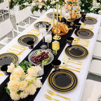 WELLIFE 300 PCS Black and Gold Dinnerware Set for 50 Guests, Disposable Plastic Plates for Party, Gold rimmed Plastic Dinner Plates,Salad Plates,Cups,Silverware Set for Halloween Party Supplies